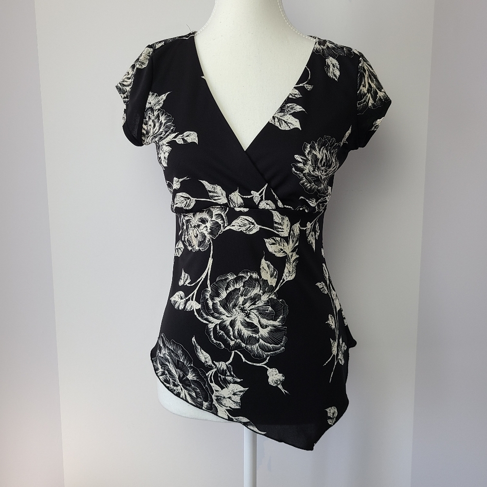 le chateau Black Floral Wrap-Style Blouse